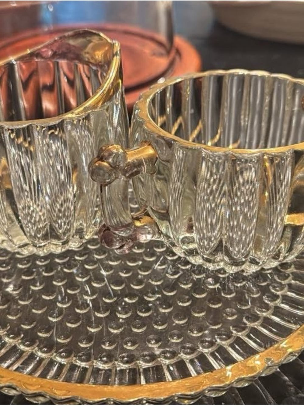 Jeanette Clear Glass Ribbed Teacup and Saucer Set with Gold Trim